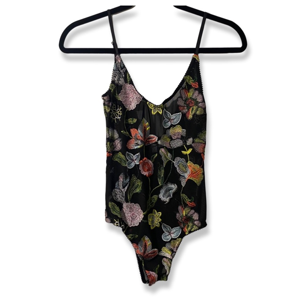 HONEY PUNCH - BLACK MESH BODYSUIT WITH FLORAL EMBELLISHMENTS